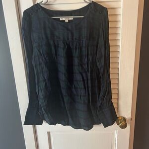 LOFT Dark Plaid Long Sleeve Blouse